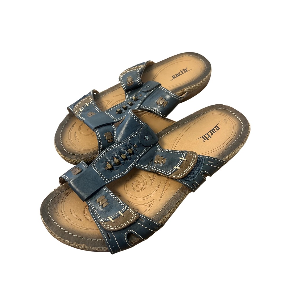 Earth Abaca Sandals Wm 8.5 Dark Blue Leather Slide Comfort Strappy Flat Outdoors